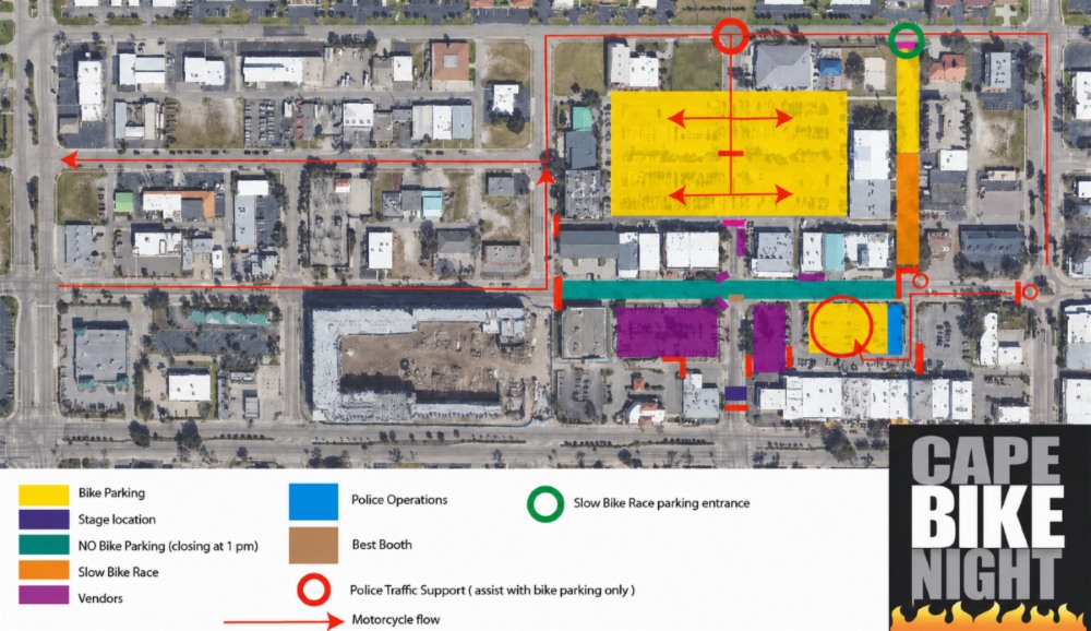 Make of Bike night layout, showing bike parking, stage location, areas with no bike parking, the slow bike race, vendors, police operations, the best booth, and the parking entrance for the slow bike race.